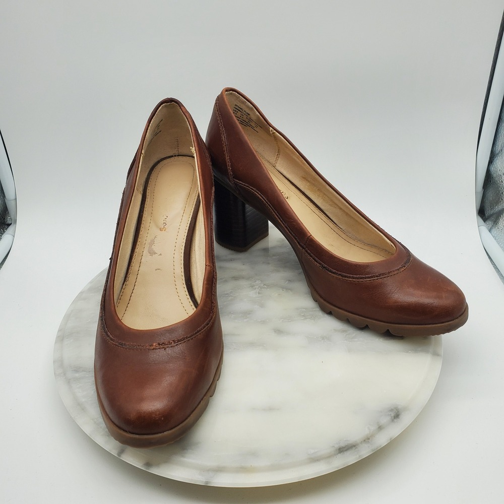 Hush Puppies Spaniel Pump Dachshund Brown Leather Block Heel Comfort Shoes 8.5